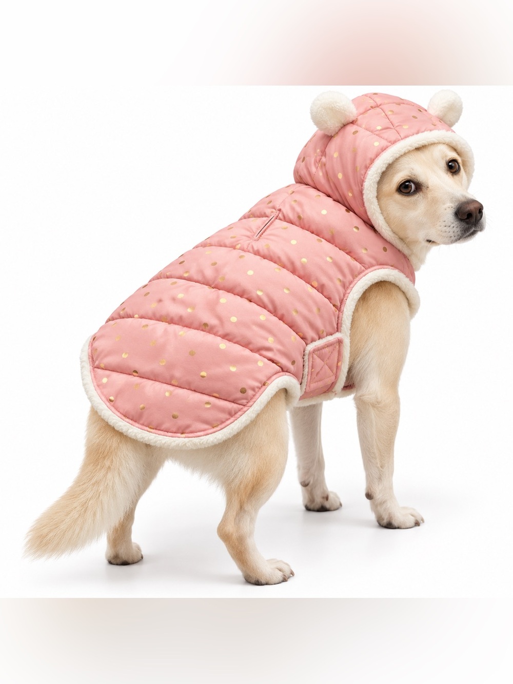 Rachel Zoe Pink Gold Polka Dot Teddy Bear Hooded Dog Puffer Coat Medium